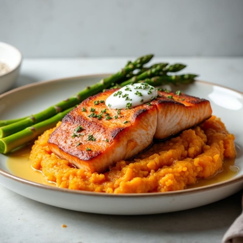Seared Salmon with Roasted Asparagus and Sweet Potato Mash
