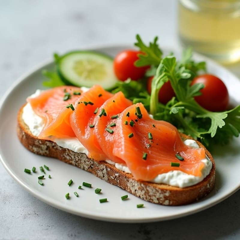 Smoked Salmon with Creamy Chive Spread and Fresh Veggies on Whole Grain Toast