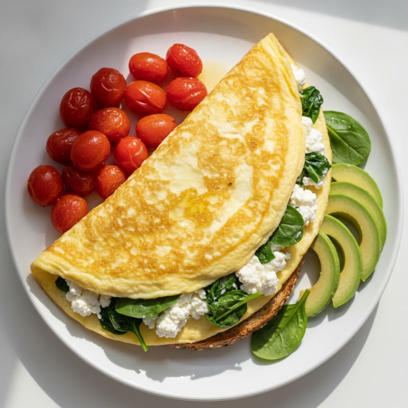 Egg White Spinach Omelet with Cottage Cheese and Cherry Tomatoes