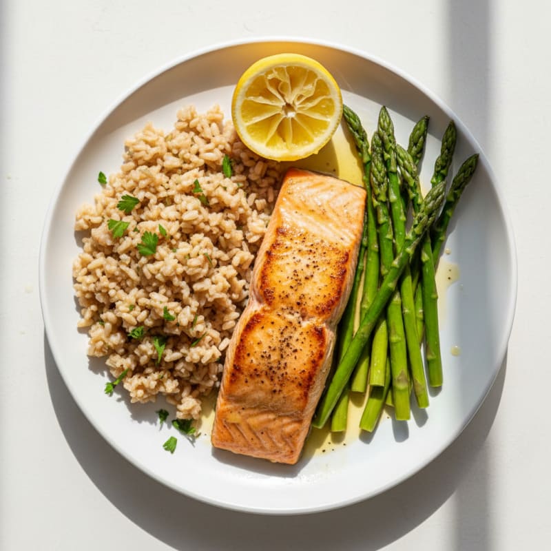 Seared Salmon Fillet with Steamed Asparagus and Herbed Brown Rice