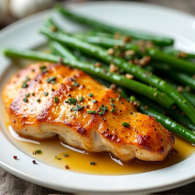 Pan-Seared Honey Garlic Chicken Breast with Roasted Green Beans