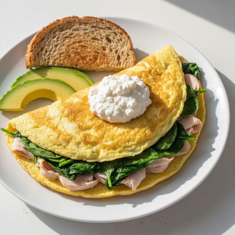 Egg White Spinach Omelette with Cottage Cheese and Sliced Turkey