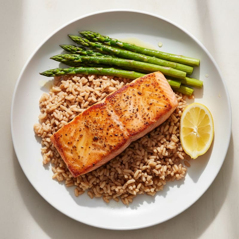 Seared Salmon with Steamed Asparagus and Brown Rice