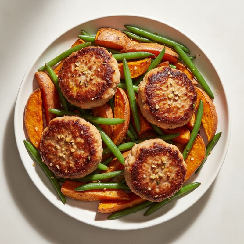 Seared Turkey Patties with Roasted Sweet Potato and Green Beans