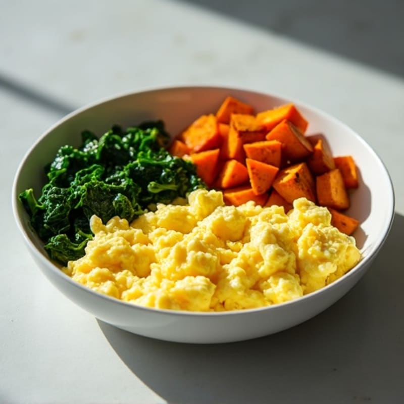Fluffy Scrambled Eggs with Fresh Spinach and Roasted Sweet Potatoes