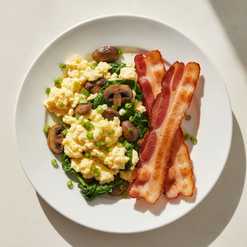 Scrambled Eggs with Sauteed Mushrooms, Baby Spinach, and Crispy Bacon