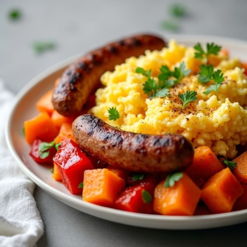 Roasted Sweet Potato Hash with Scrambled Eggs and Lean Chicken Sausage