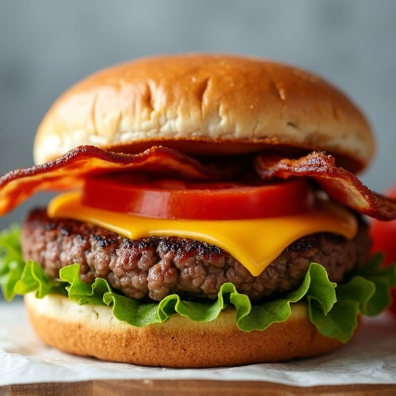 Lean Grilled Beef Burger with Crispy Bacon, Melty Cheddar, and Fresh Greens