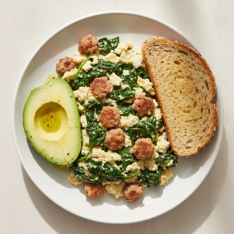 Egg White Spinach Scramble with Turkey Sausage