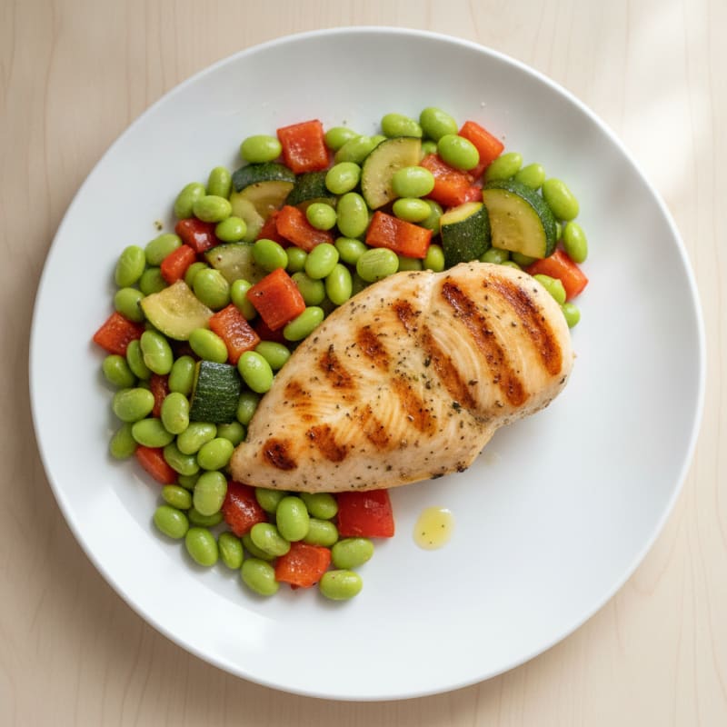 Grilled Chicken Breast with Edamame and Roasted Veggies