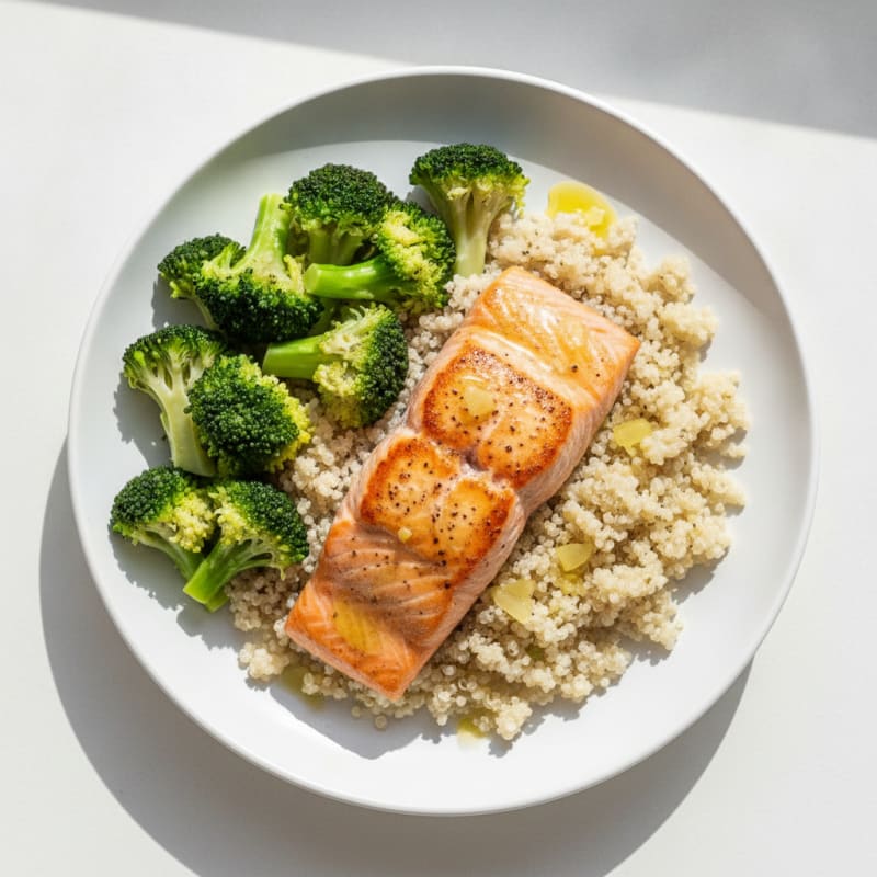 Seared Salmon with Steamed Broccoli and Quinoa