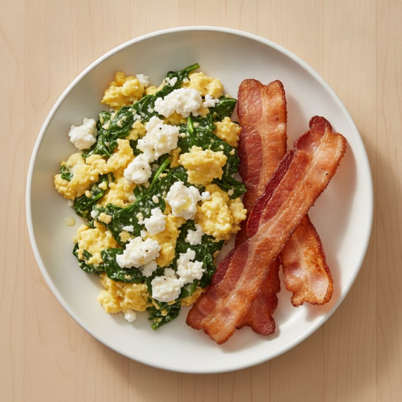 Cottage Cheese Scramble with Spinach and Turkey Bacon