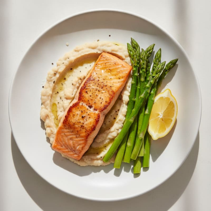 Seared Salmon Fillet with Creamy White Bean Mash and Steamed Asparagus