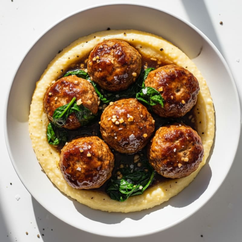Tender Glazed Meatballs with Creamy Polenta