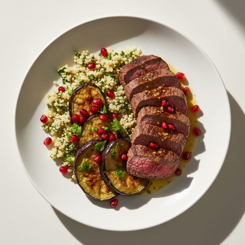 Seared Beef Tenderloin with Roasted Eggplant and Quinoa
