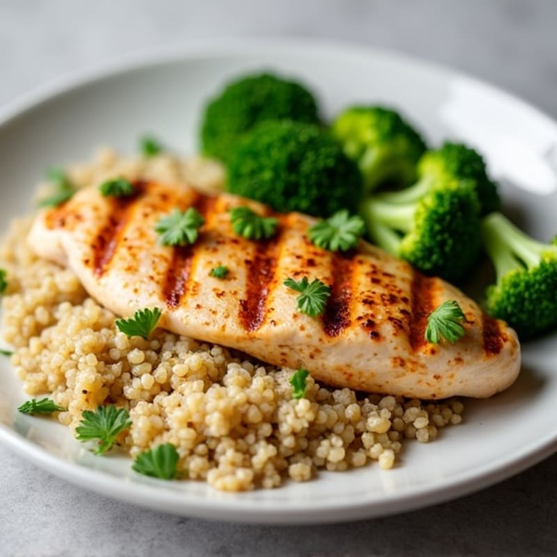 Grilled Chicken Breast with Steamed Broccoli and Quinoa