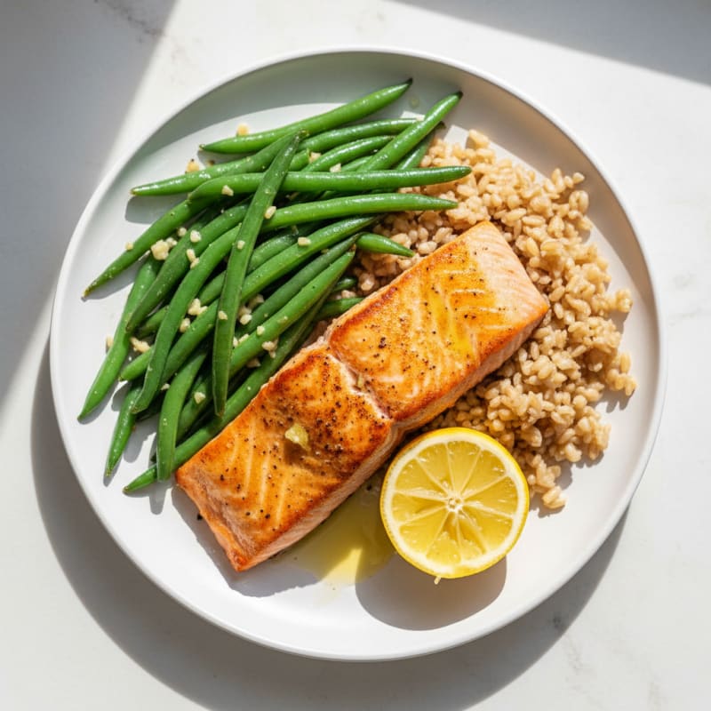 Seared Salmon with Garlic Green Beans and Brown Rice