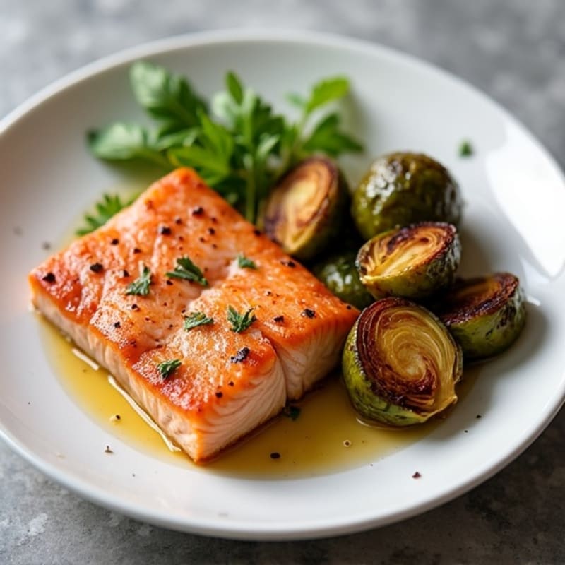 Seared Salmon with Roasted Brussels Sprouts and Sweet Potato