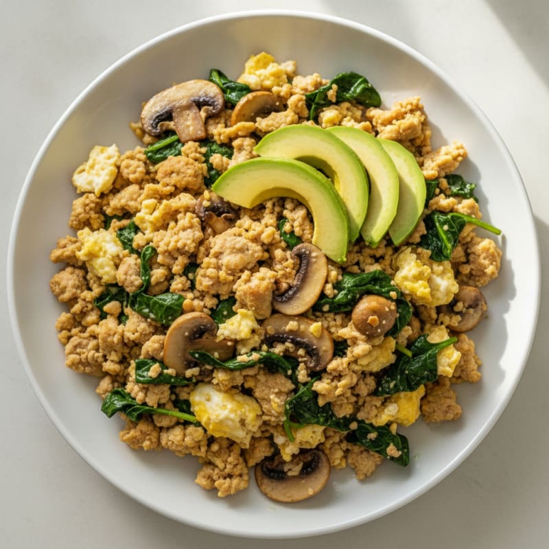 Egg White and Turkey Spinach Scramble with Sautéed Mushrooms