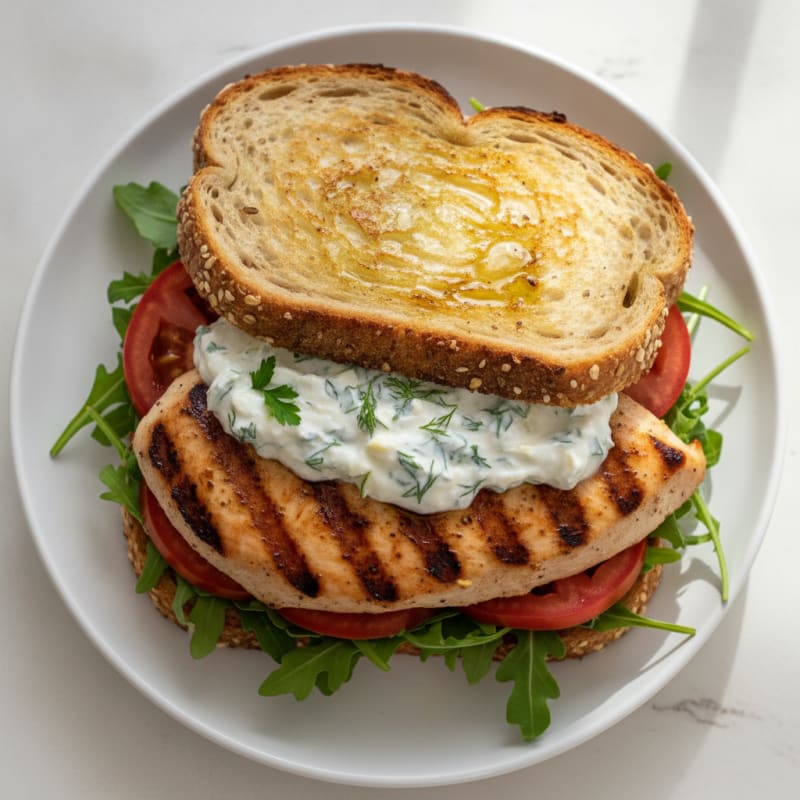 Grilled Chicken Sandwich with Greek Yogurt Spread and Leafy Greens
