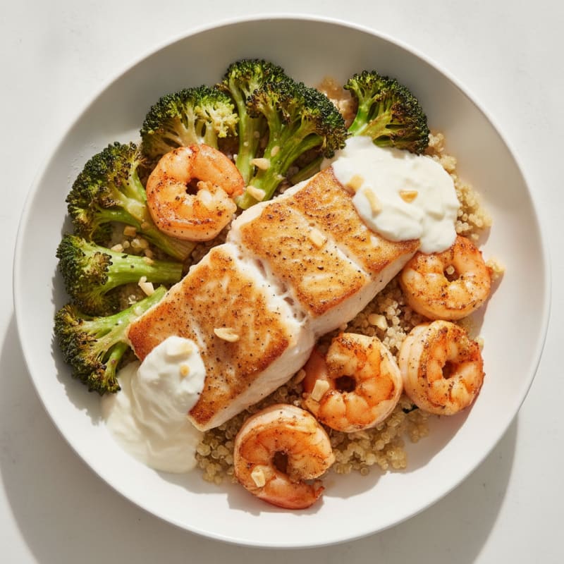 Pan-Seared White Fish and Shrimp with Roasted Broccoli
