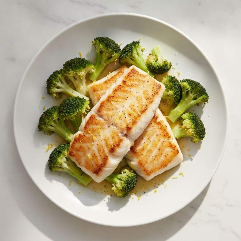 Seared Cod with Steamed Broccoli and Lemon