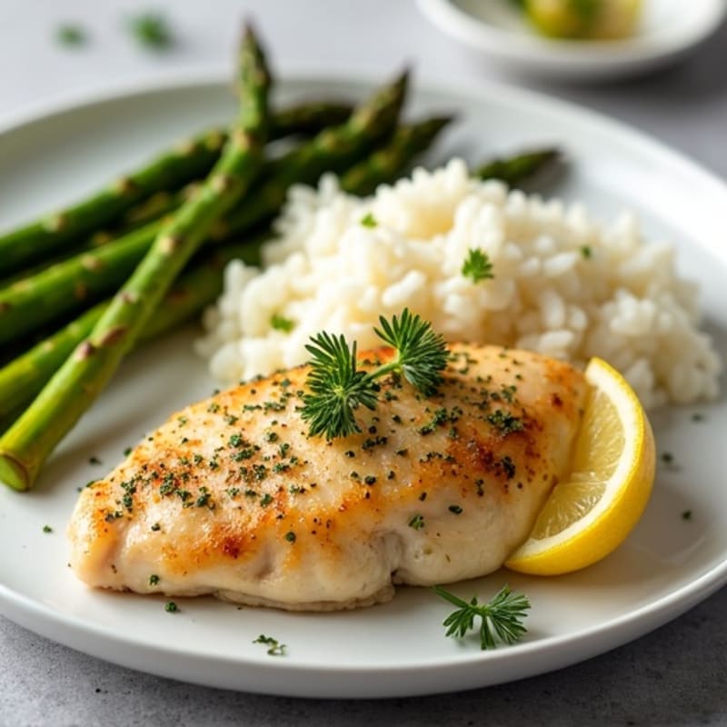 Lemon Herb Chicken with Fluffy Rice and Roasted Asparagus