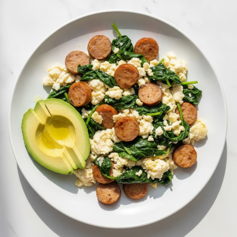 Egg White Scramble with Turkey Sausage and Sautéed Spinach