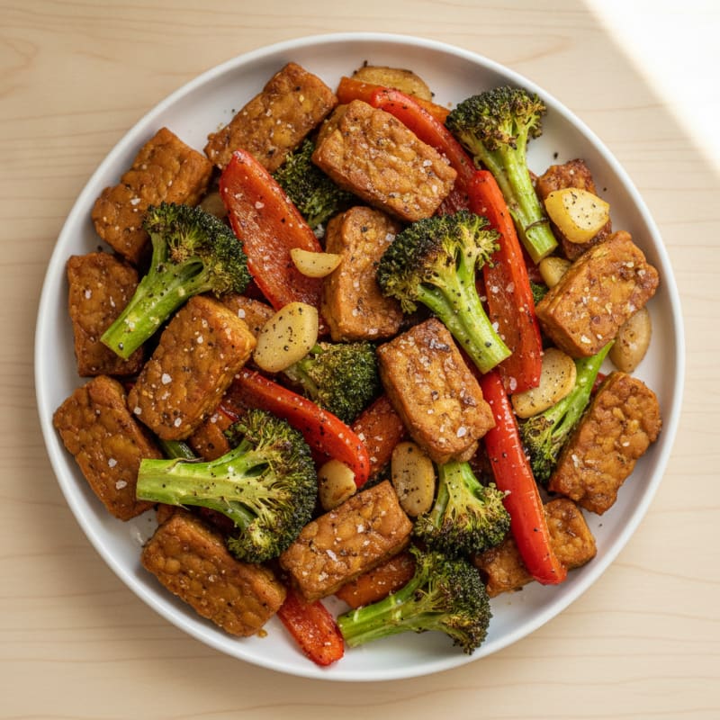 Baked Savory Tempeh with Roasted Rainbow Vegetables