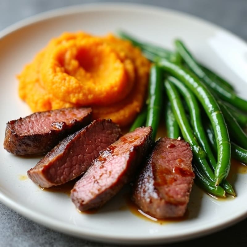 Seared Lean Beef Strips with Steamed Green Beans and Sweet Potato Mash