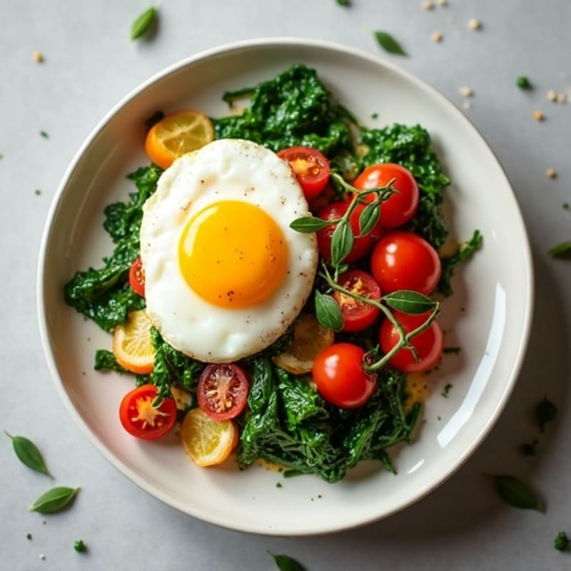 Fluffy Egg White Scramble with Sautéed Greens and Cherry Tomatoes