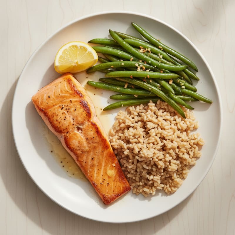 Seared Salmon with Garlic Green Beans and Brown Rice