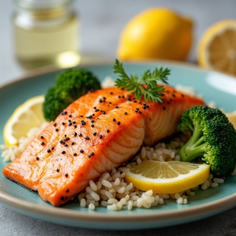 Seared Salmon with Steamed Rice and Broccoli