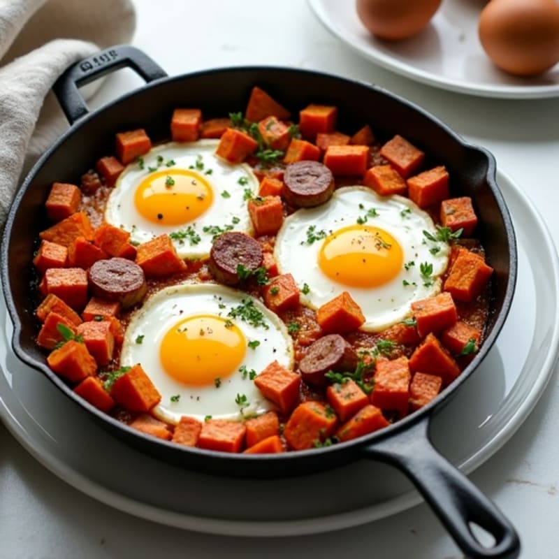 Crispy Sweet Potato and Chicken Sausage Skillet with Baked Eggs