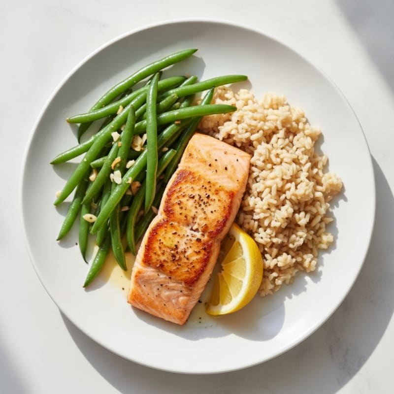 Seared Salmon Filet with Garlic Green Beans and Brown Rice