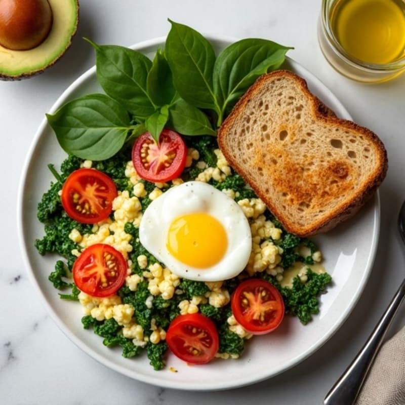Cottage Cheese and Egg White Scramble with Sautéed Spinach, Cherry Tomatoes, and Toast