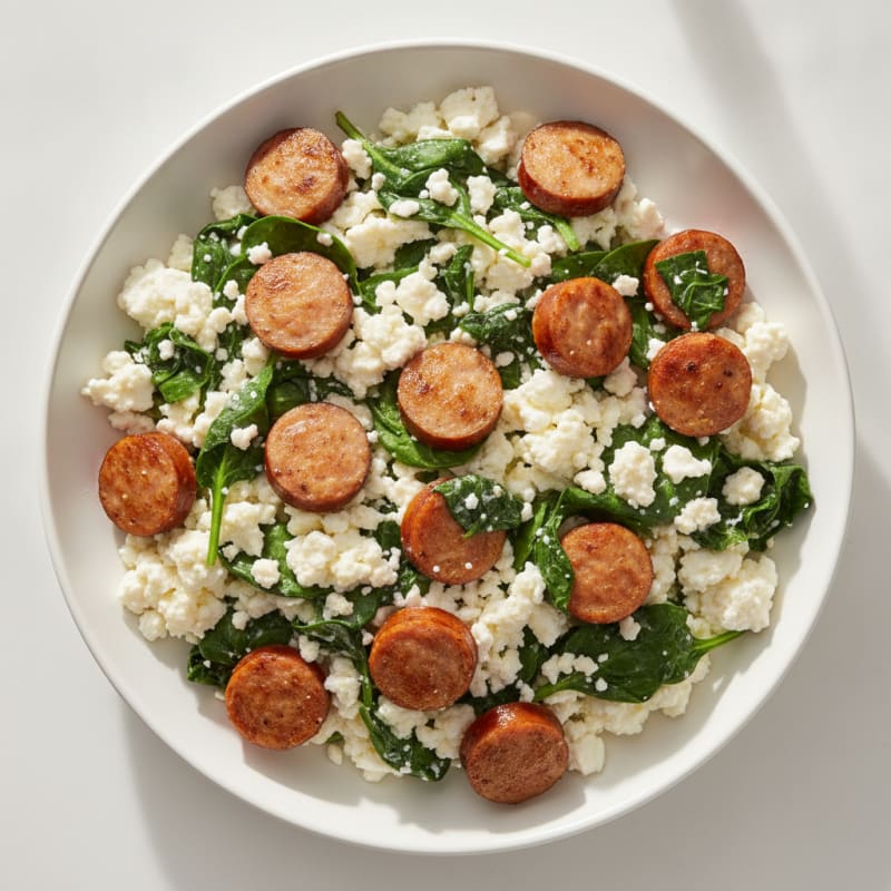 Egg White and Turkey Sausage Scramble with Spinach and Cottage Cheese