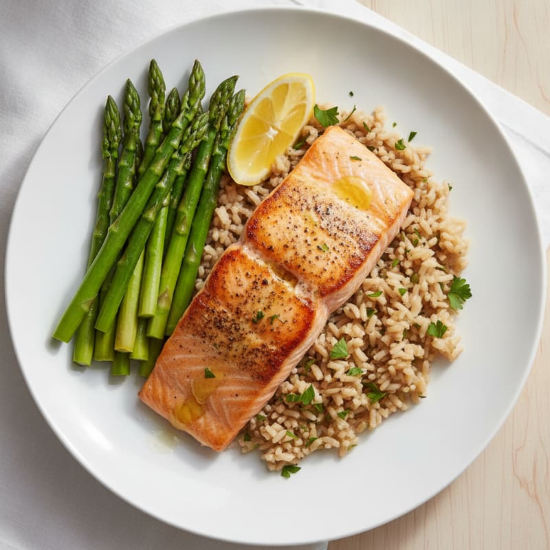 Seared Salmon Fillet with Herb Rice and Steamed Asparagus