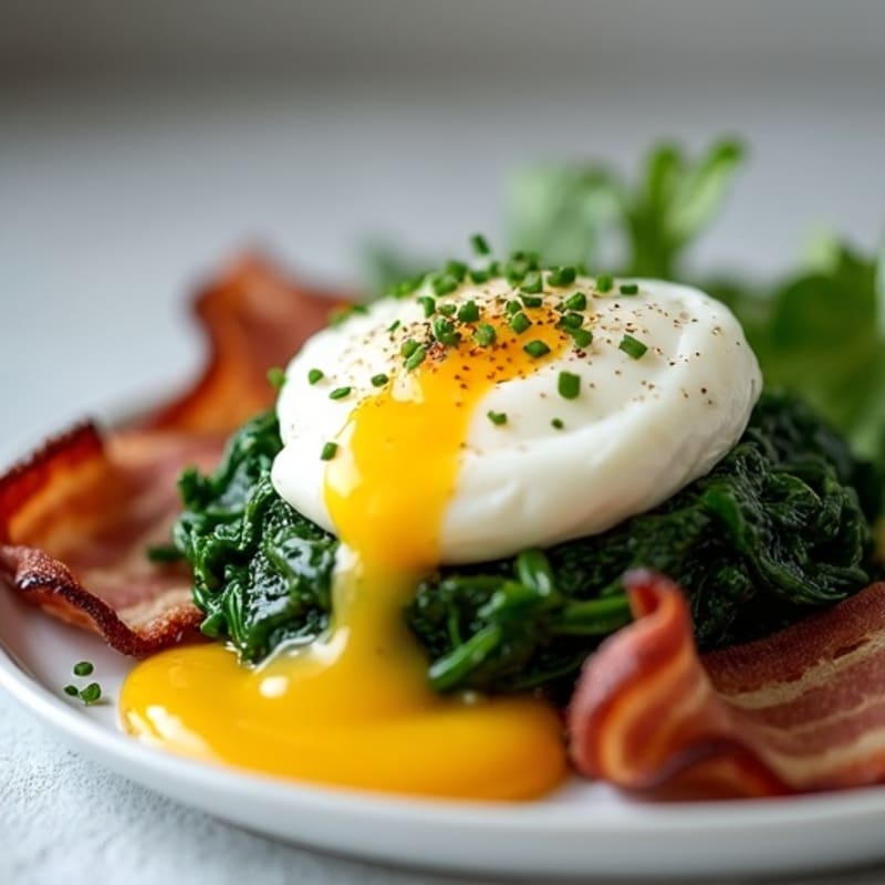 Poached Eggs with Sautéed Greens, Crispy Turkey Bacon, and Creamy Lemon-Chive Sauce
