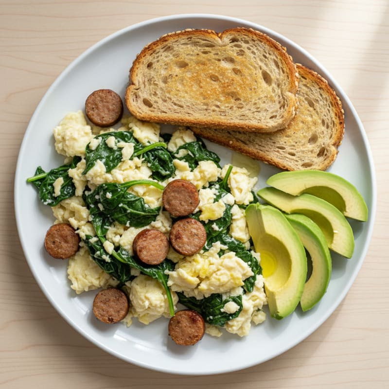 Egg White Spinach Scramble with Turkey Sausage