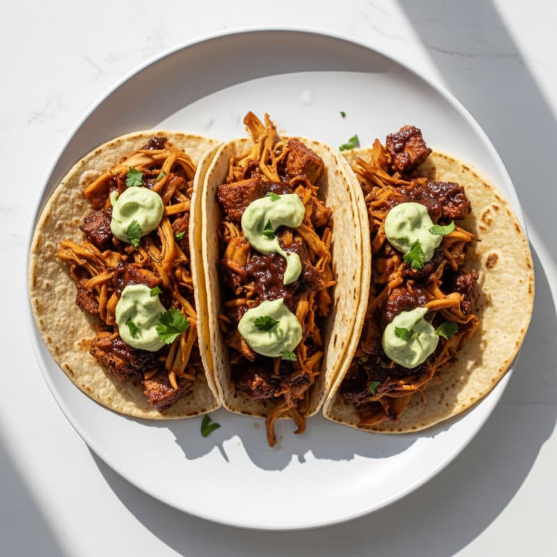 Jackfruit Adobo Tacos with Avocado Crema