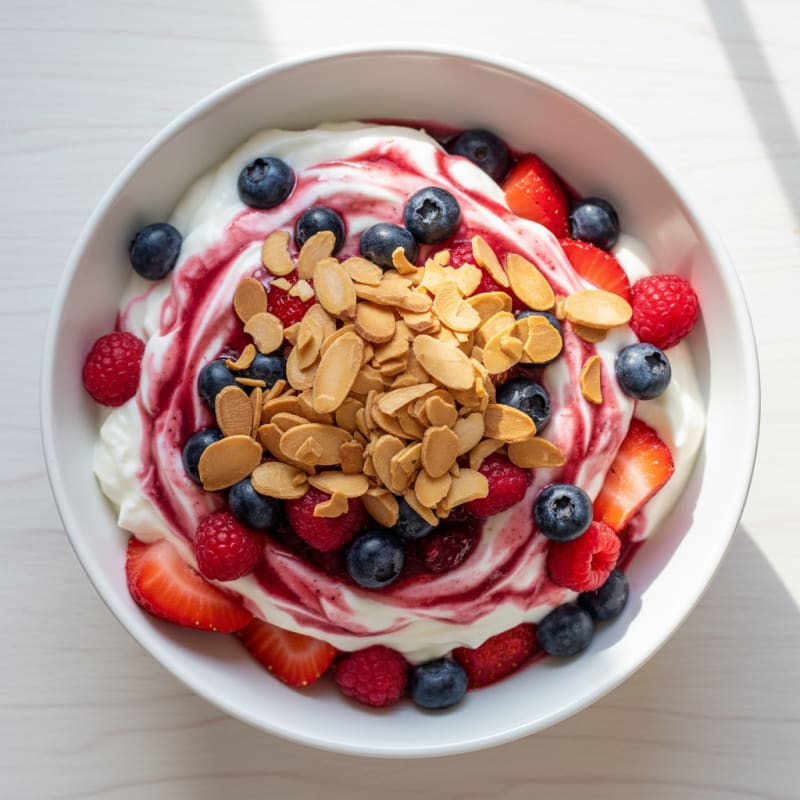 Greek Yogurt Protein Parfait with Mixed Berries and Almonds