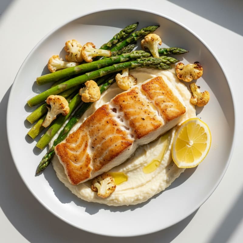 Seared Cod with Roasted Asparagus and Cauliflower Mash