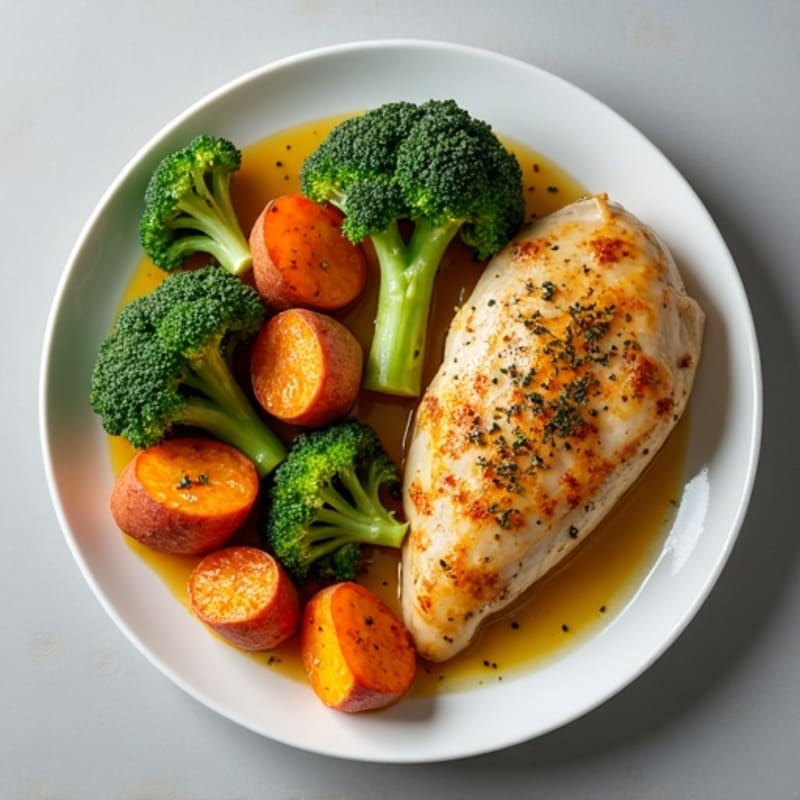 Lemon Herb Roasted Chicken with Crispy Broccoli and Sweet Potatoes