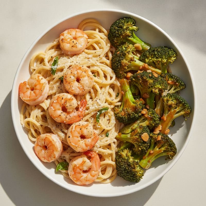 Shrimp Alfredo with Teriyaki Broccoli