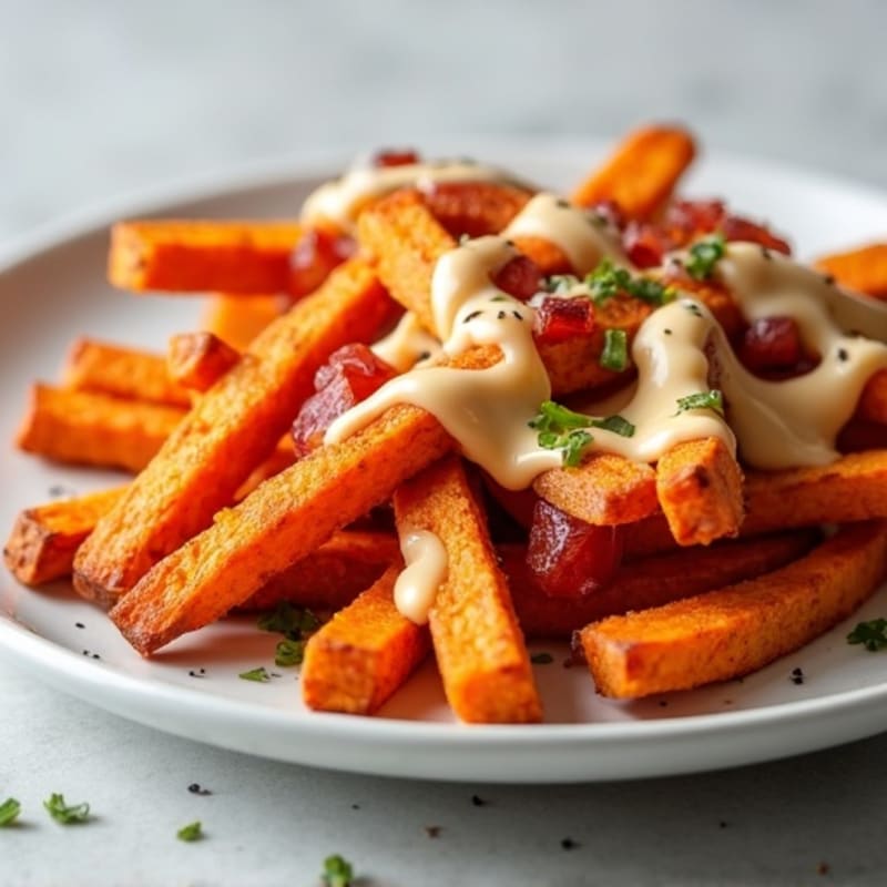 Crispy Baked Sweet Potato Fries with Smoky Turkey Bacon and Creamy Cheesy Sauce