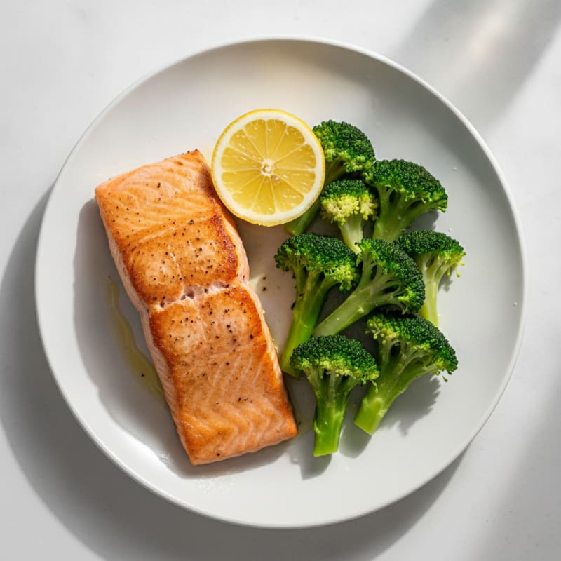 Seared Salmon with Steamed Broccoli and Lemon
