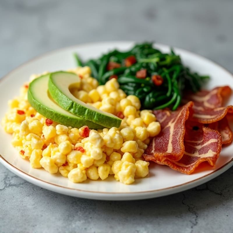 Cottage Cheese Egg White Scramble with Sautéed Spinach and Turkey Bacon