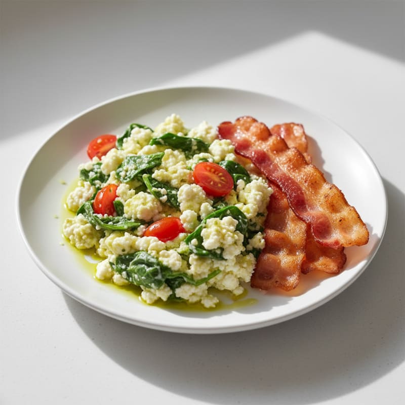Cottage Cheese and Egg Scramble with Spinach and Turkey Bacon