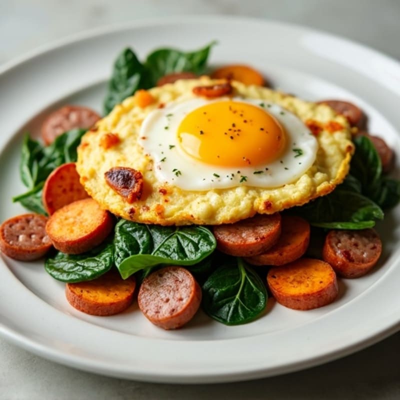 Egg White and Turkey Sausage Scramble with Spinach and Roasted Sweet Potato